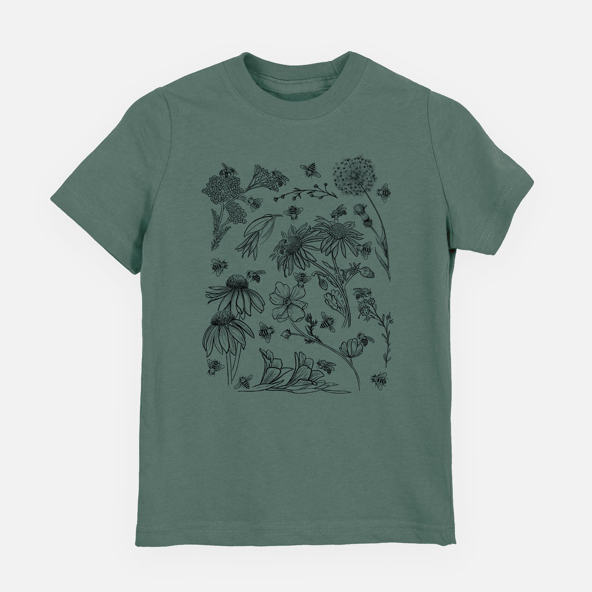 Basil green youth t-shirt laid flat, printed with black ink bees scattered among wildflowers.