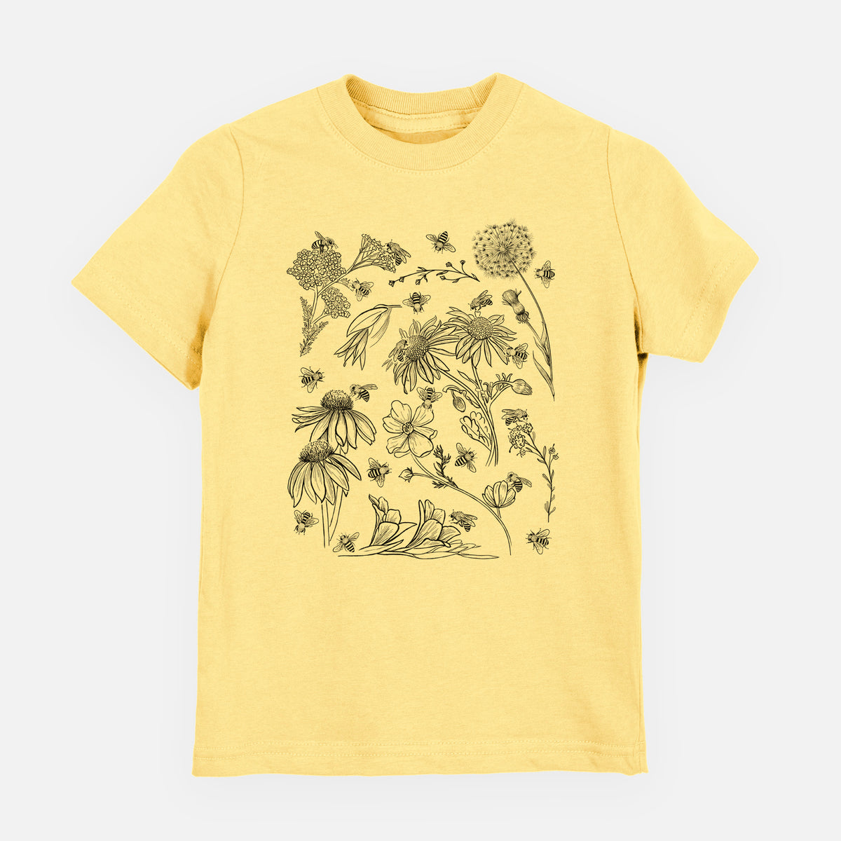Butter yellow youth t-shirt laid flat, printed with black ink bees scattered among wildflowers.