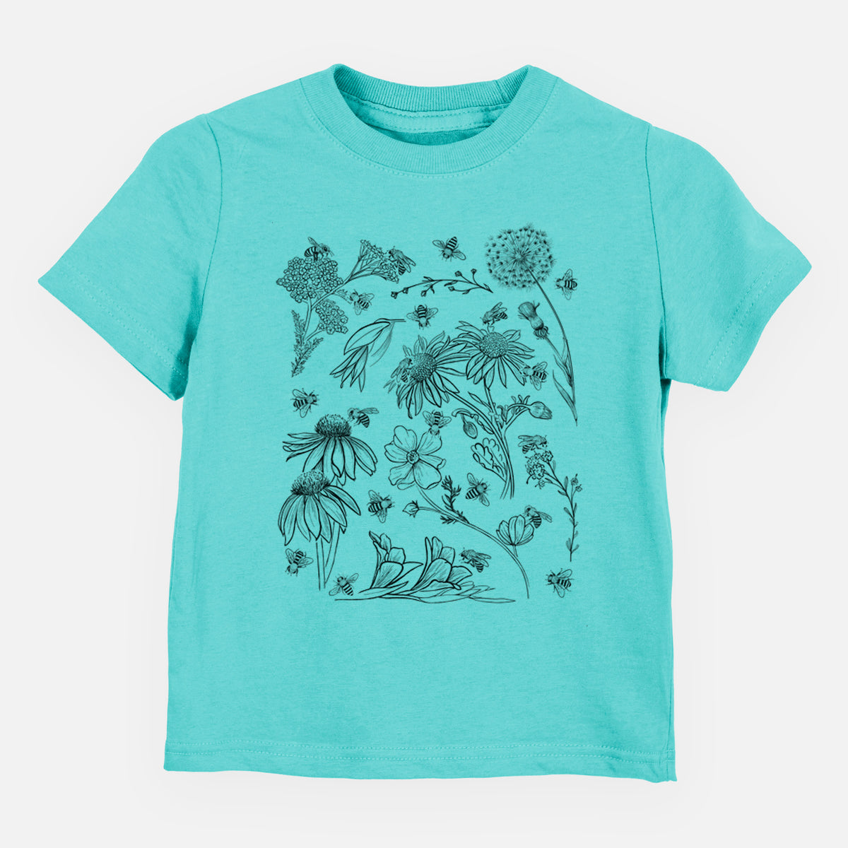 Caribbean blue toddler t-shirt laid flat, printed with black ink bees scattered among wildflowers.