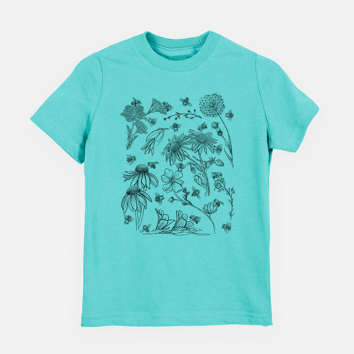 Caribbean blue youth t-shirt laid flat, printed with black ink bees scattered among wildflowers.
