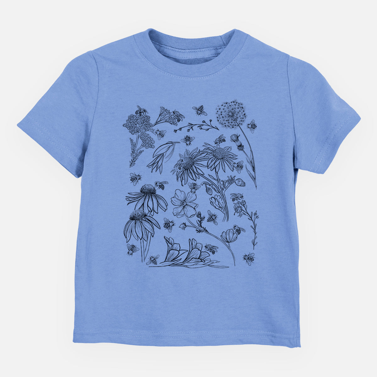 Carolina blue toddler t-shirt laid flat, printed with black ink bees scattered among wildflowers.