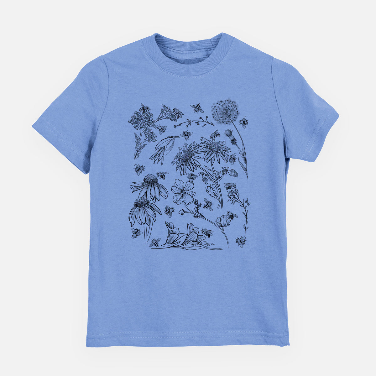 Carolina blue youth t-shirt laid flat, printed with black ink bees scattered among wildflowers.