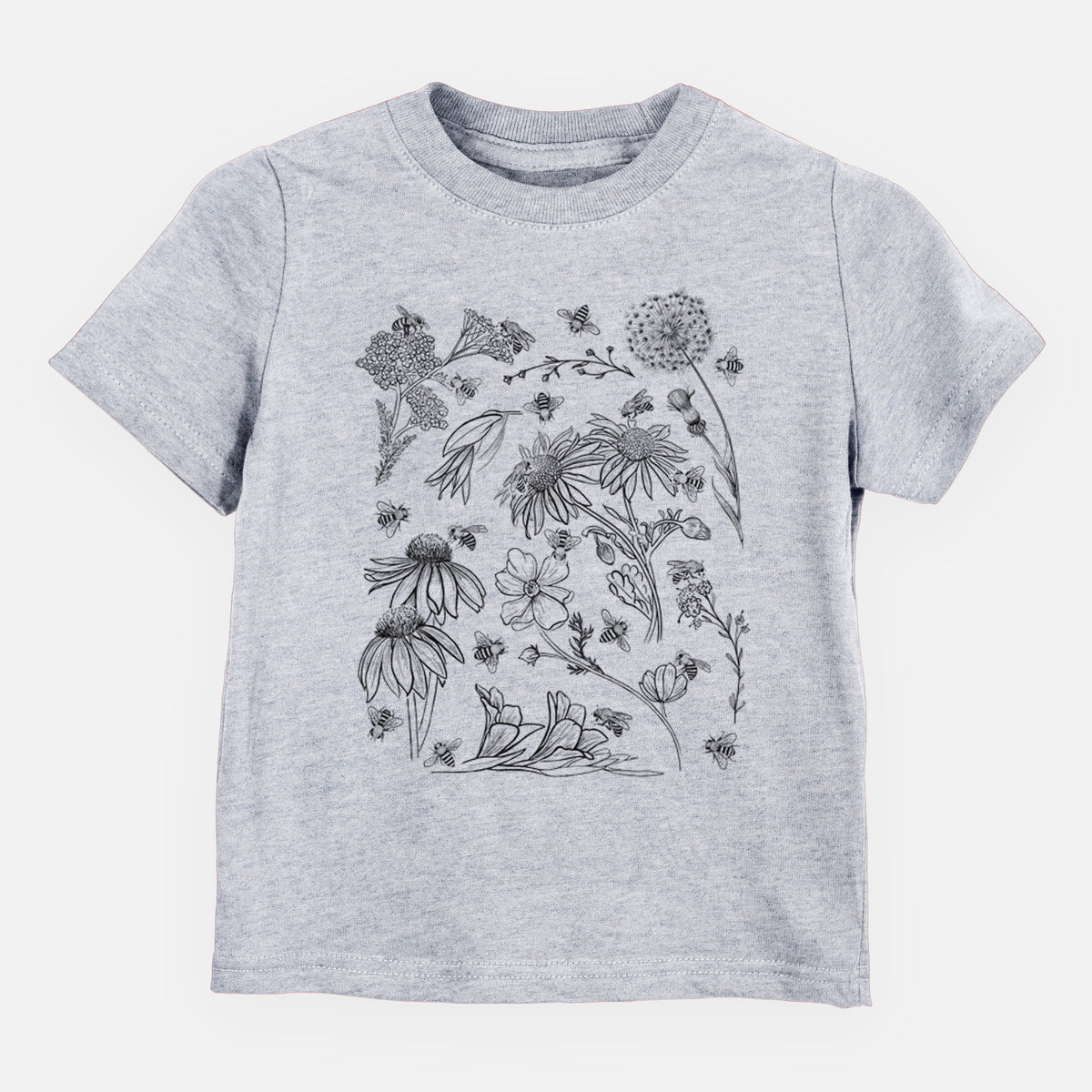 Heather grey toddler t-shirt laid flat, printed with black ink bees scattered among wildflowers.