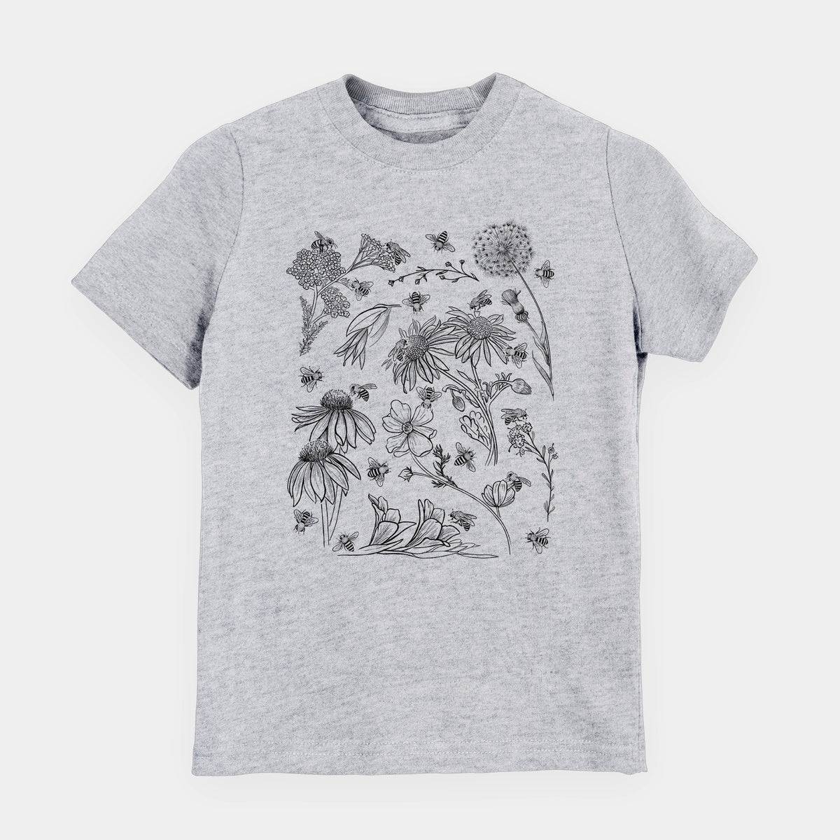 Heather grey youth t-shirt laid flat, printed with black ink bees scattered among wildflowers.