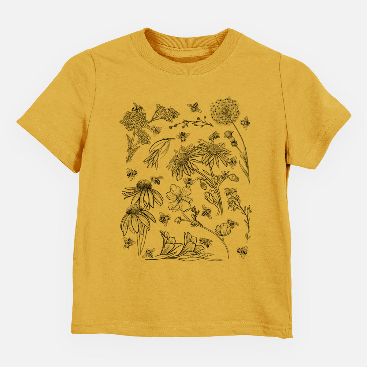 Honeycomb yellow toddler t-shirt laid flat, printed with black ink bees scattered among wildflowers.