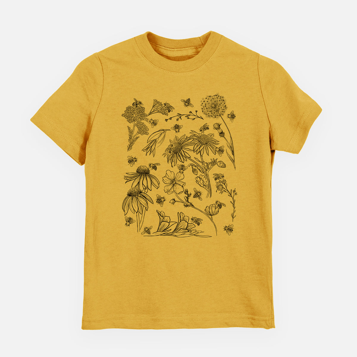 Honeycomb yellow youth t-shirt laid flat, printed with black ink bees scattered among wildflowers.