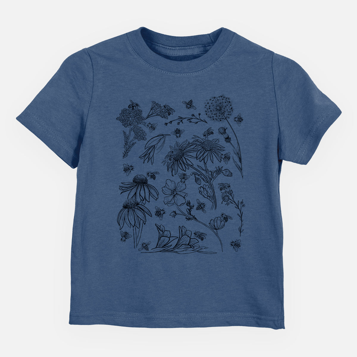 Indigo blue toddler t-shirt laid flat, printed with black ink bees scattered among wildflowers.