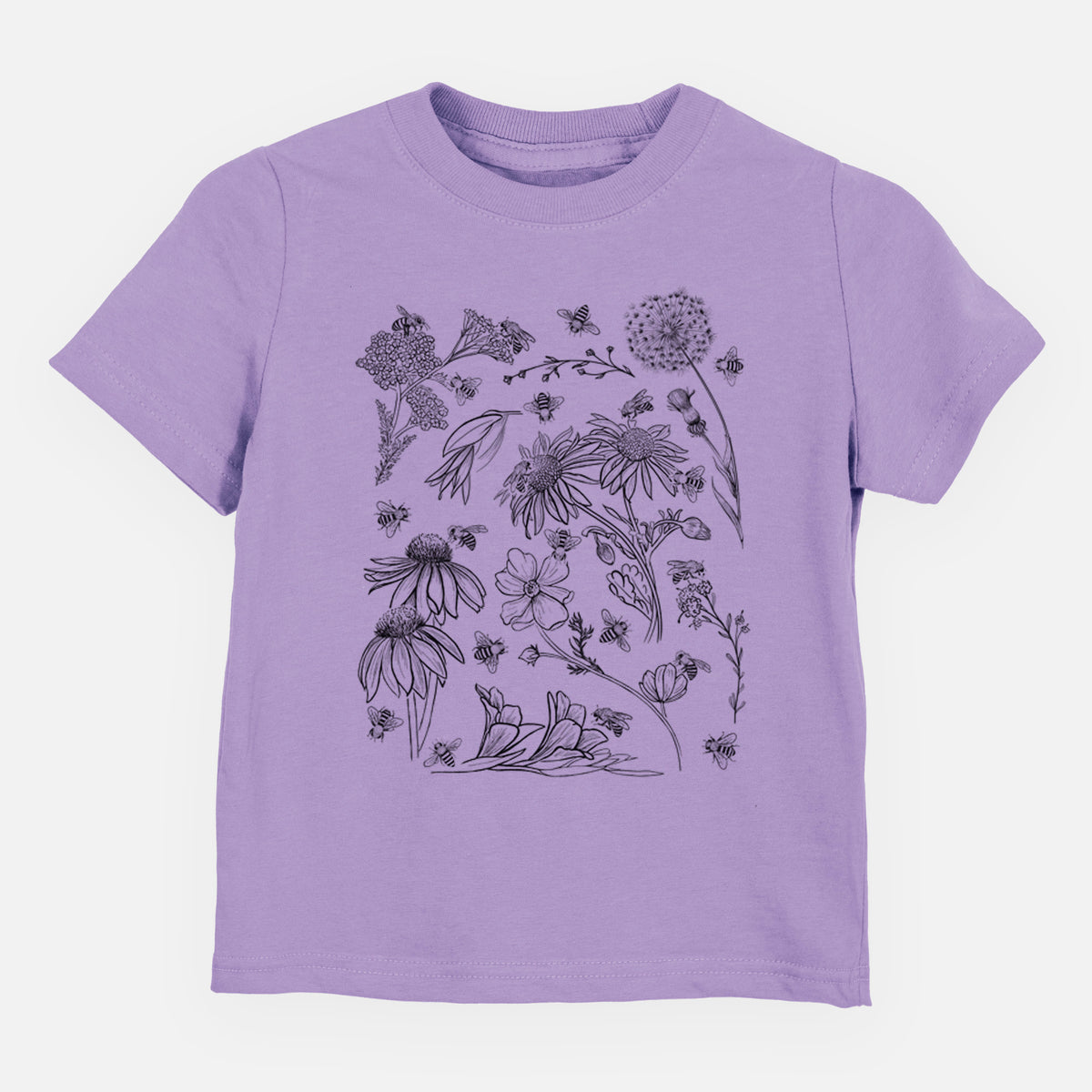 Lavender toddler t-shirt laid flat, printed with black ink bees scattered among wildflowers.