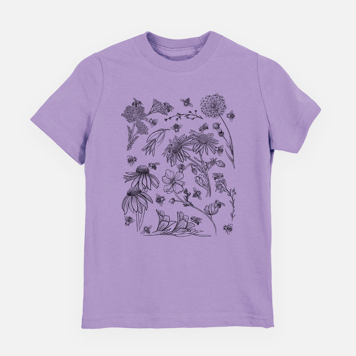 Lavender youth t-shirt laid flat, printed with black ink bees scattered among wildflowers.