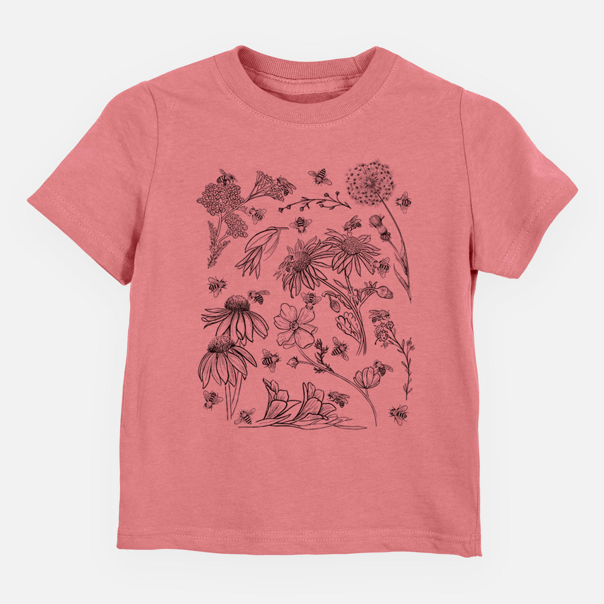 Mauve pink toddler t-shirt laid flat, printed with black ink bees scattered among wildflowers.