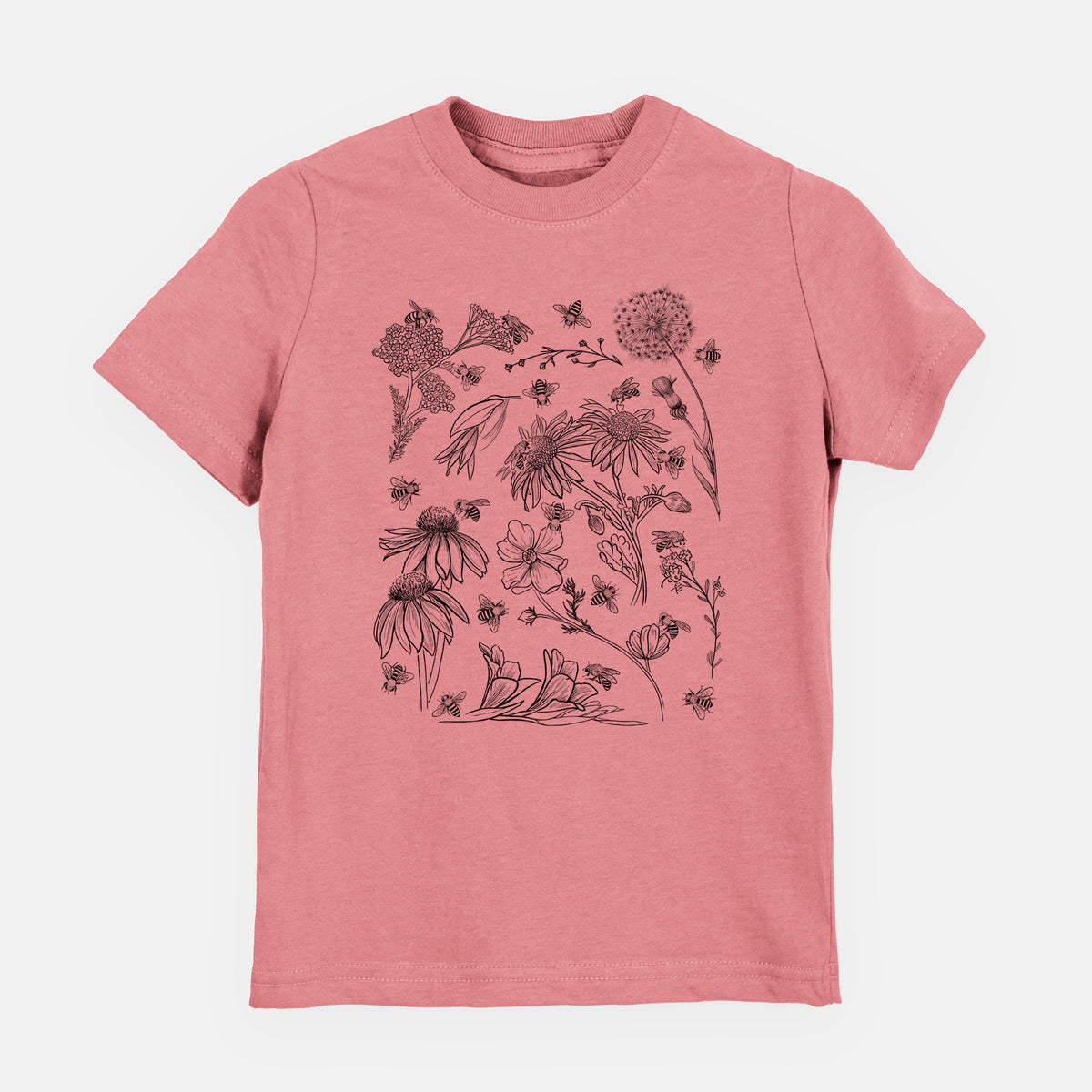 Mauve pink youth t-shirt laid flat, printed with black ink bees scattered among wildflowers.