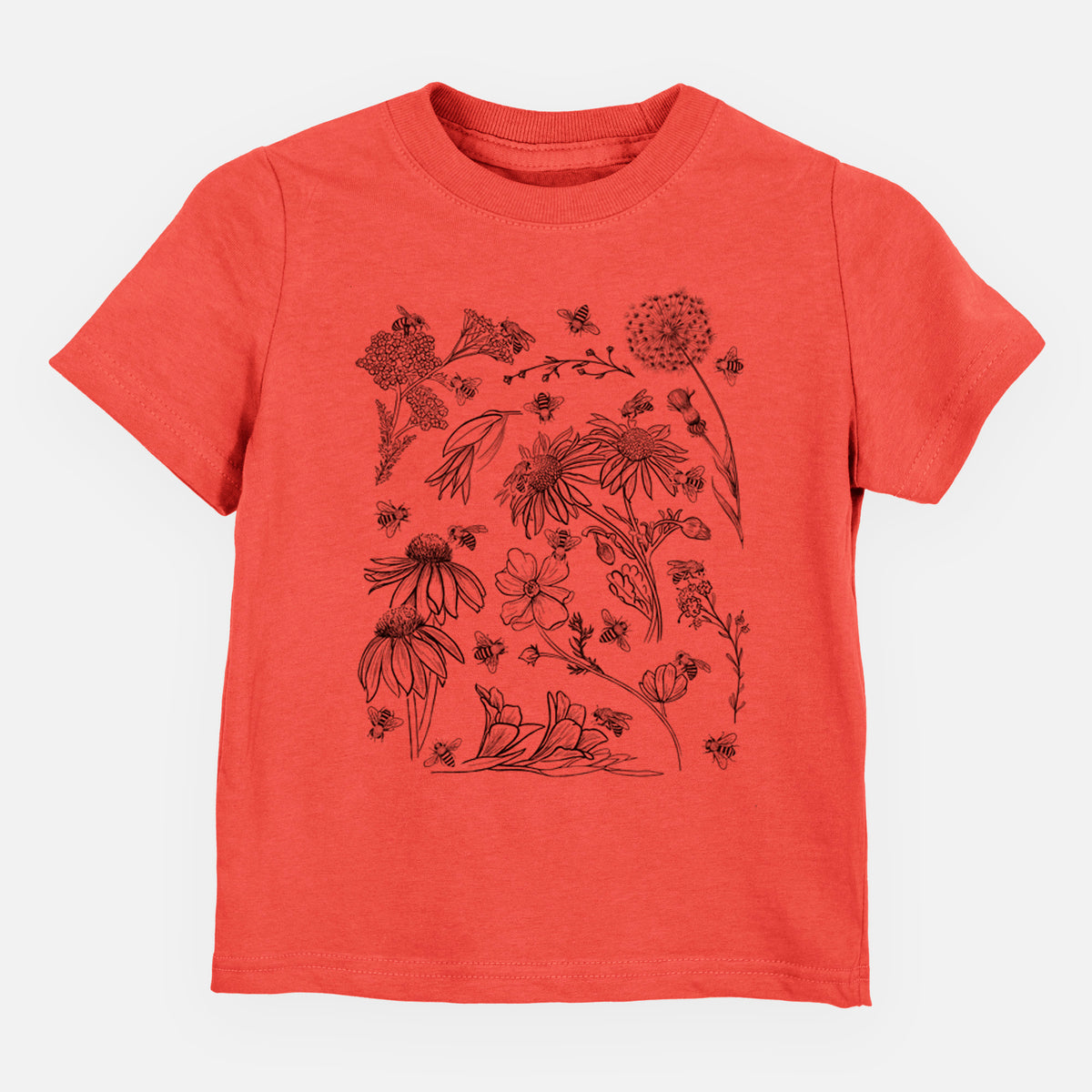 Passionfruit pink toddler t-shirt laid flat, printed with black ink bees scattered among wildflowers.