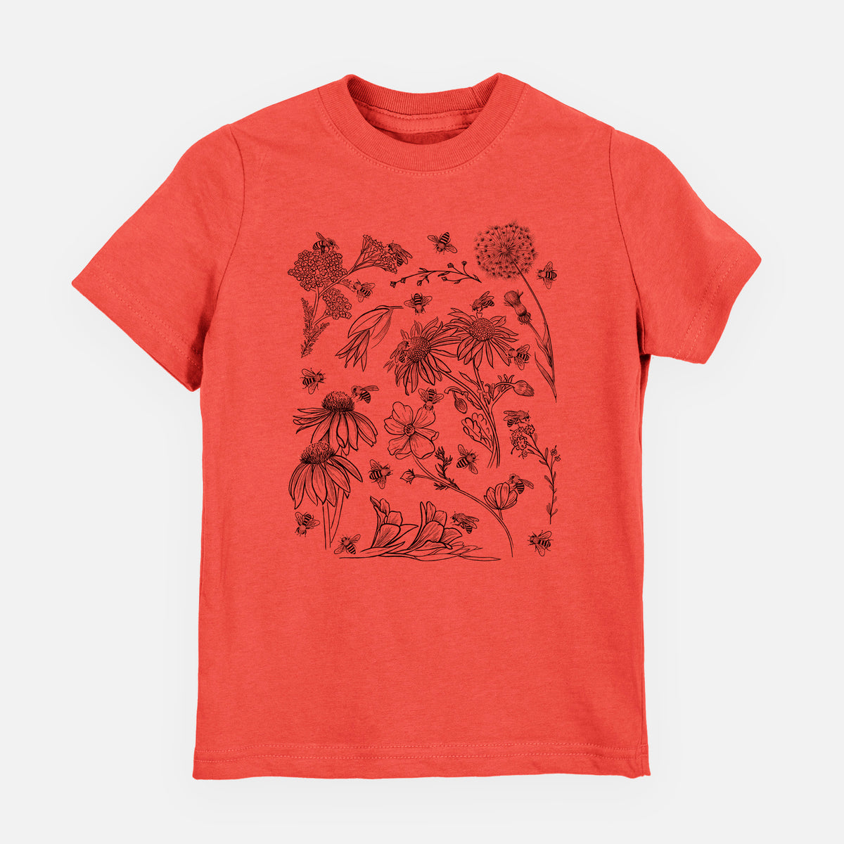 Passionfruit pink youth t-shirt laid flat, printed with black ink bees scattered among wildflowers.