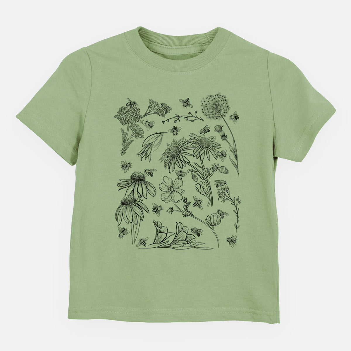 Sage green toddler t-shirt laid flat, printed with black ink bees scattered among wildflowers.