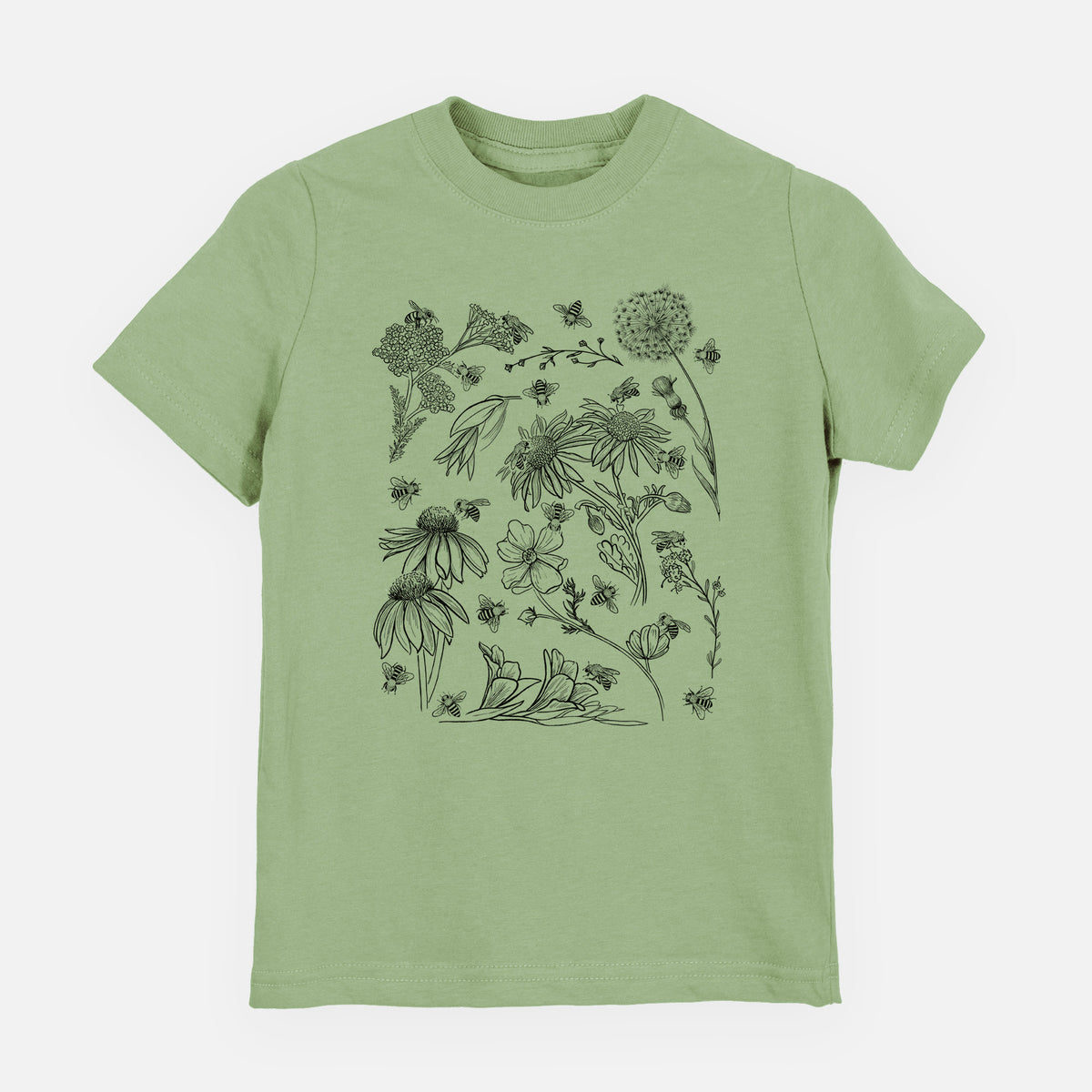 Sage green youth t-shirt laid flat, printed with black ink bees scattered among wildflowers.
