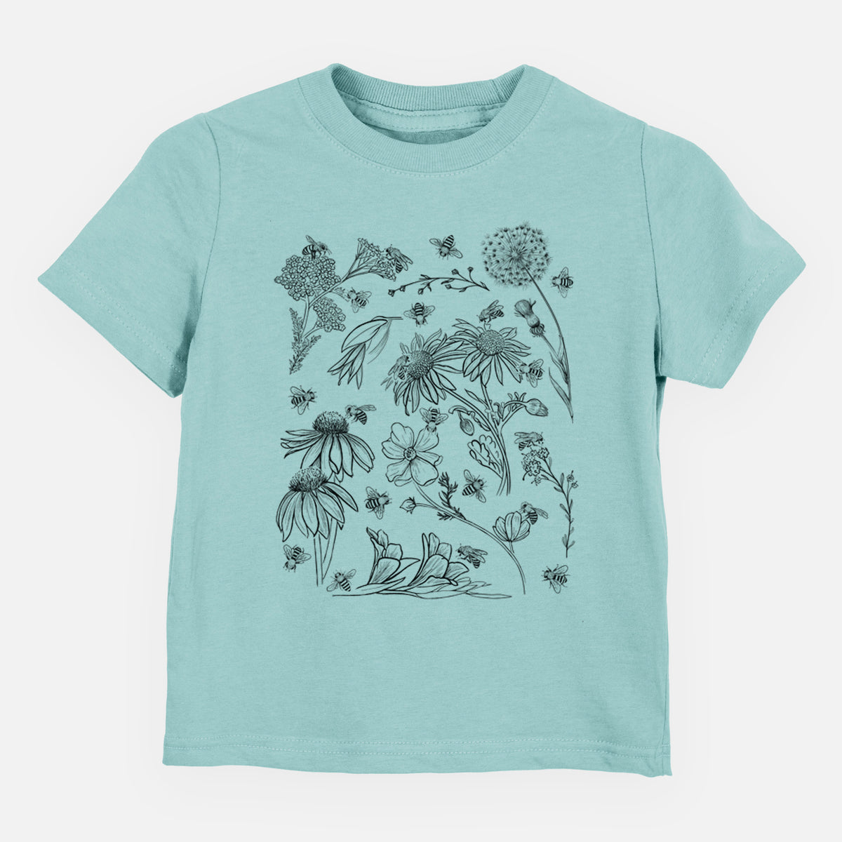 Saltwater toddler t-shirt laid flat, printed with black ink bees scattered among wildflowers.