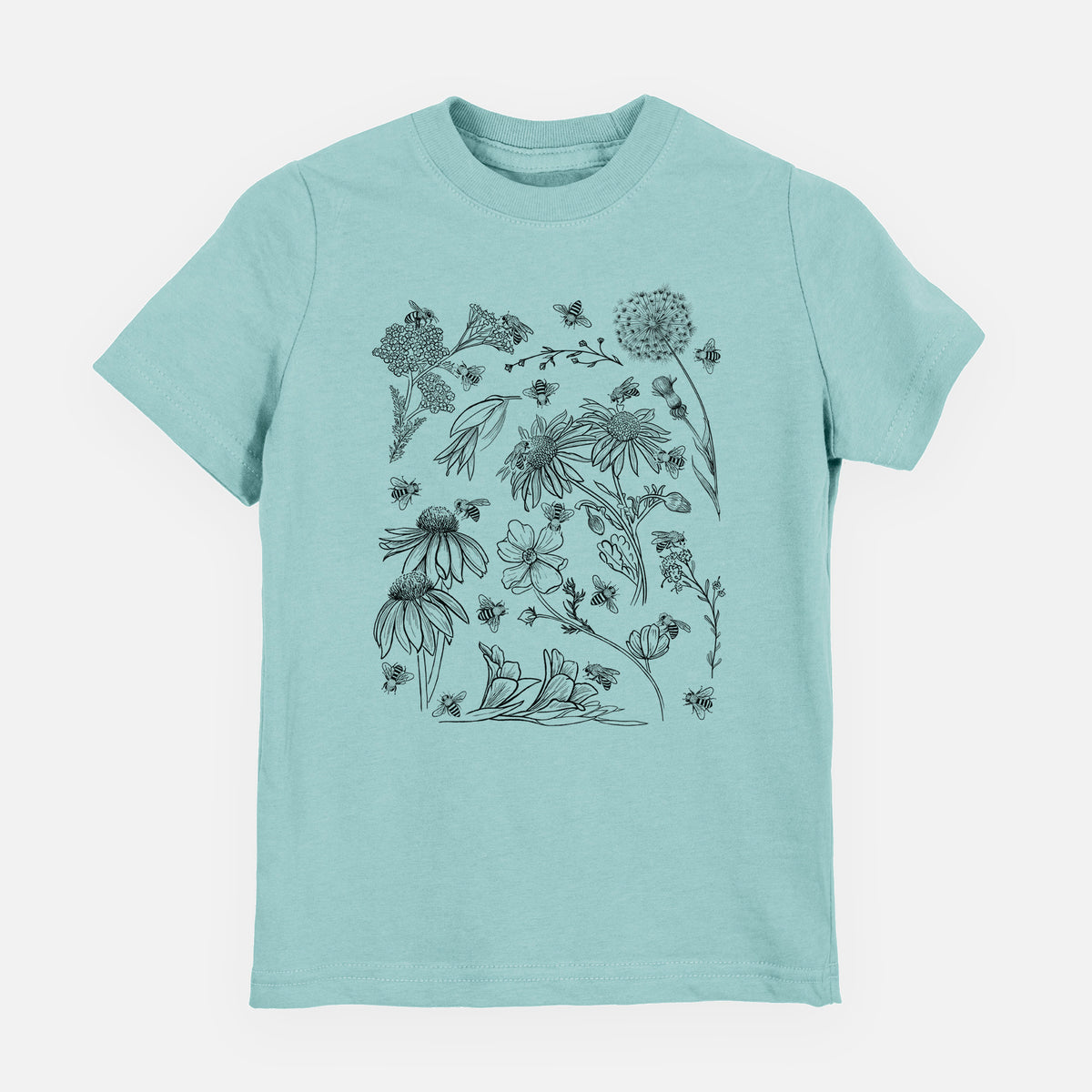 Saltwater youth t-shirt laid flat, printed with black ink bees scattered among wildflowers.