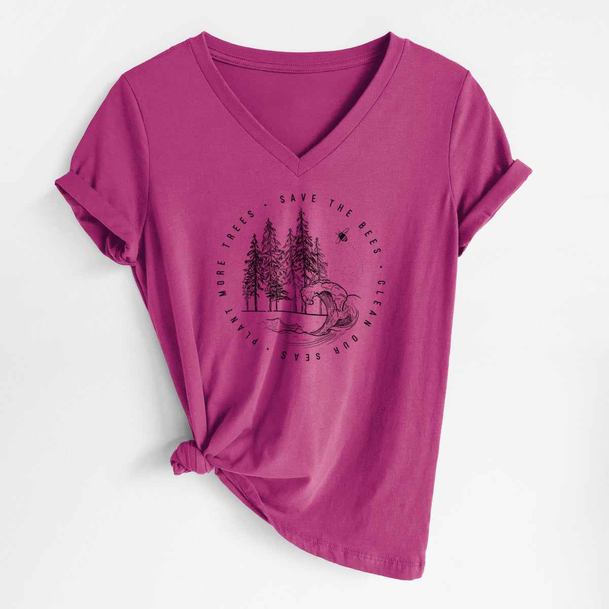 Berry pink women's relaxed fit cotton V-neck t-shirt laid flat, printed with an engraved round scene of pine trees and an ocean wave ringed by the words Save the Bees, Clean Our Seas, Plant More Trees.