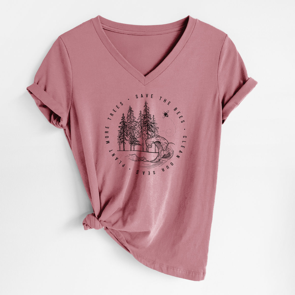 Mauve pink women's relaxed fit cotton V-neck t-shirt laid flat, printed with an engraved round scene of pine trees and an ocean wave ringed by the words Save the Bees, Clean Our Seas, Plant More Trees.