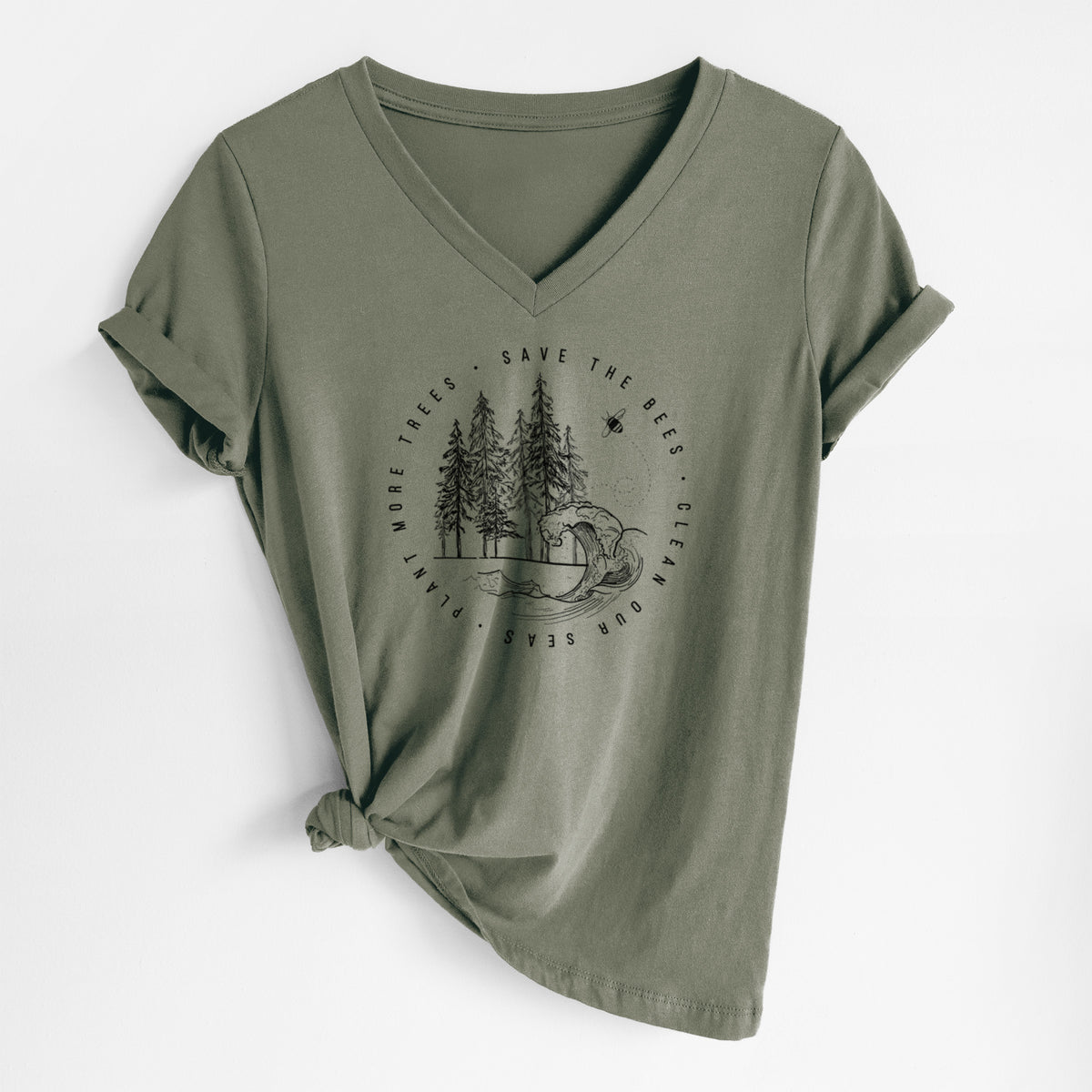 Military green women's relaxed fit cotton V-neck t-shirt laid flat, printed with an engraved round scene of pine trees and an ocean wave ringed by the words Save the Bees, Clean Our Seas, Plant More Trees.