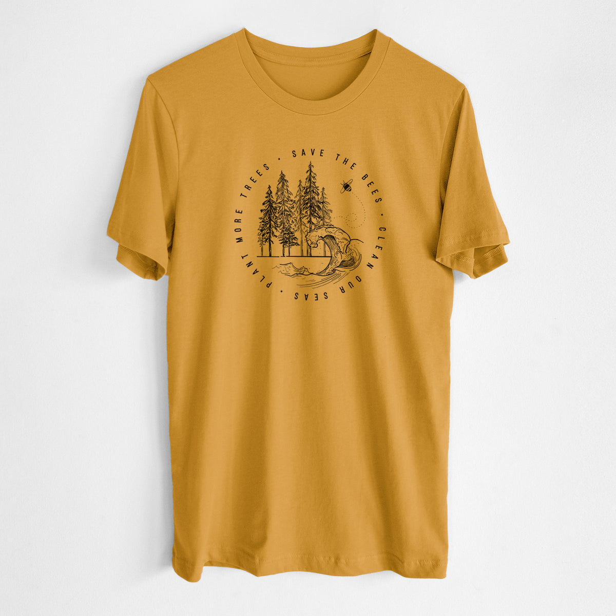 Honeycomb yellow lightweight cotton t-shirt laid flat, printed with a circle of pine trees and an ocean wave ringed by the words Save the Bees, Clean Our Seas, Plant More Trees.