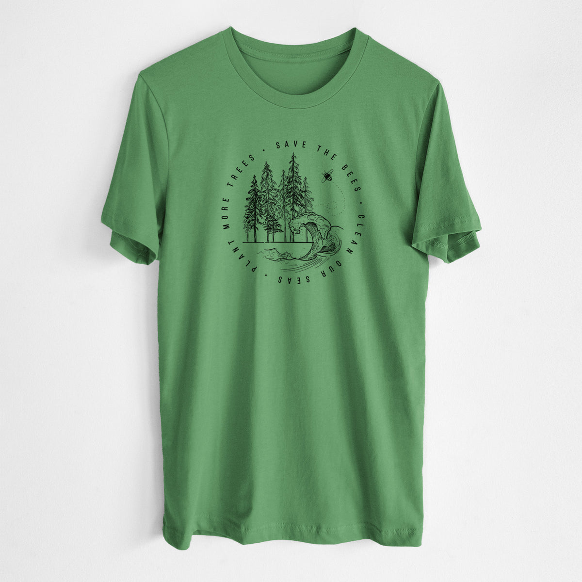 Leaf green lightweight cotton t-shirt laid flat, printed with a circle of pine trees and an ocean wave ringed by the words Save the Bees, Clean Our Seas, Plant More Trees.