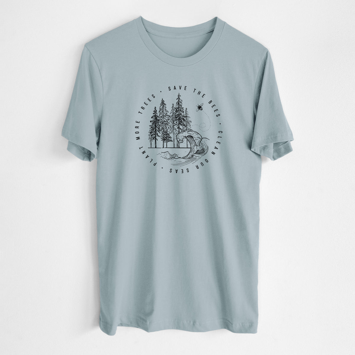 Vintage denim lightweight cotton t-shirt laid flat, printed with a circle of pine trees and an ocean wave ringed by the words Save the Bees, Clean Our Seas, Plant More Trees.