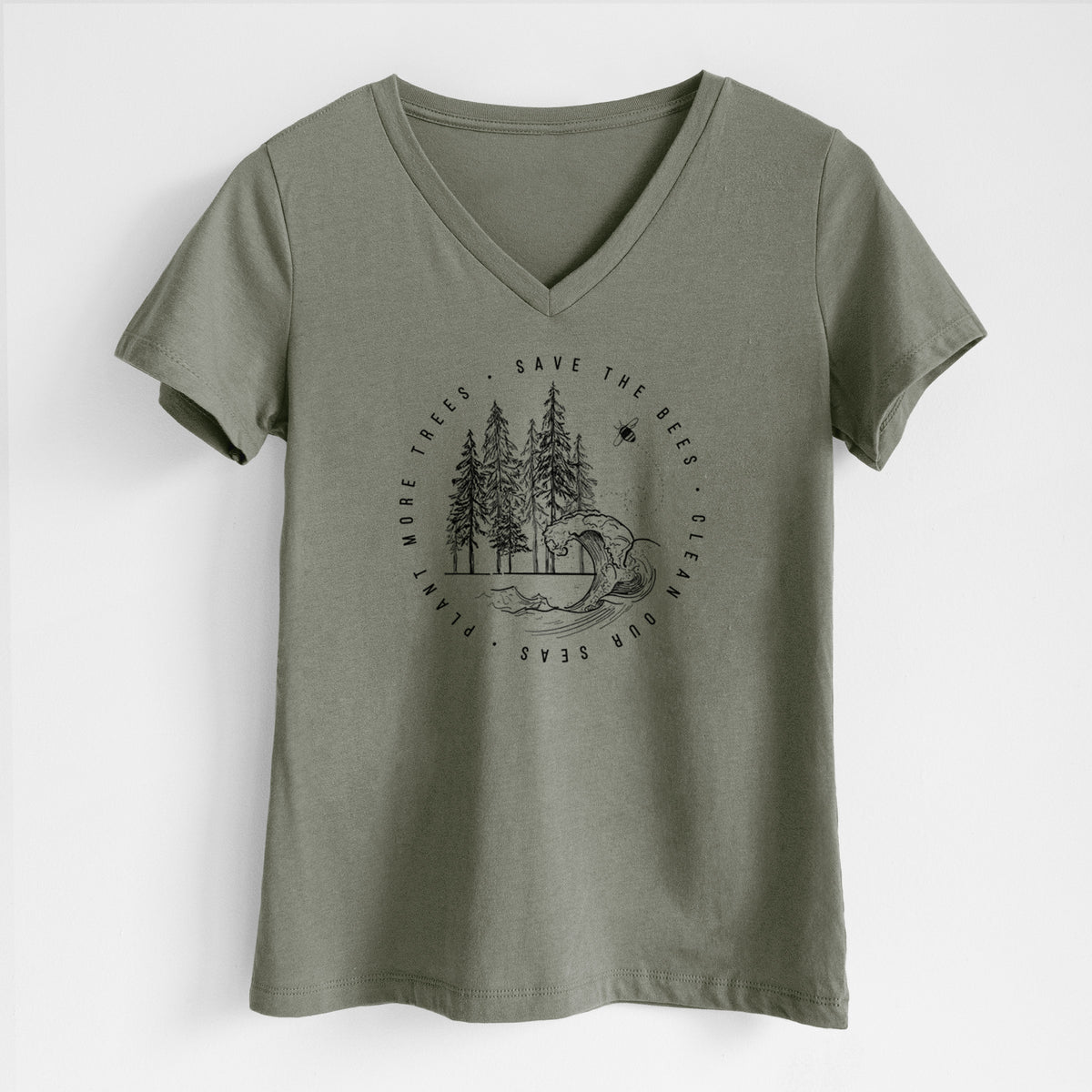 Military green women's relaxed fit cotton V-neck t-shirt laid flat, printed with a circle of pine trees and an ocean wave ringed by the words Save the Bees, Clean Our Seas, Plant More Trees.