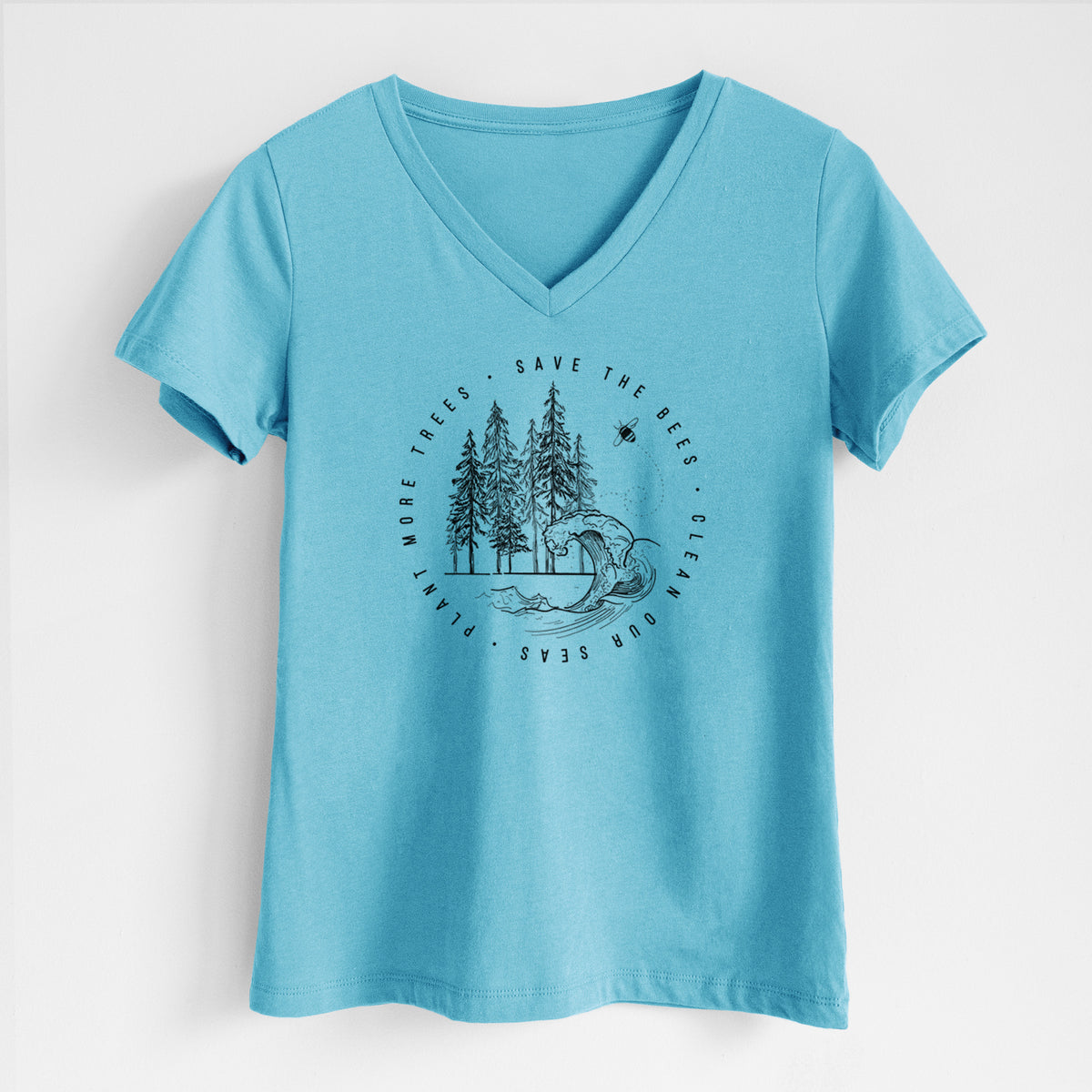 Turquoise women's relaxed fit cotton V-neck t-shirt laid flat, printed with a circle of pine trees and an ocean wave ringed by the words Save the Bees, Clean Our Seas, Plant More Trees.