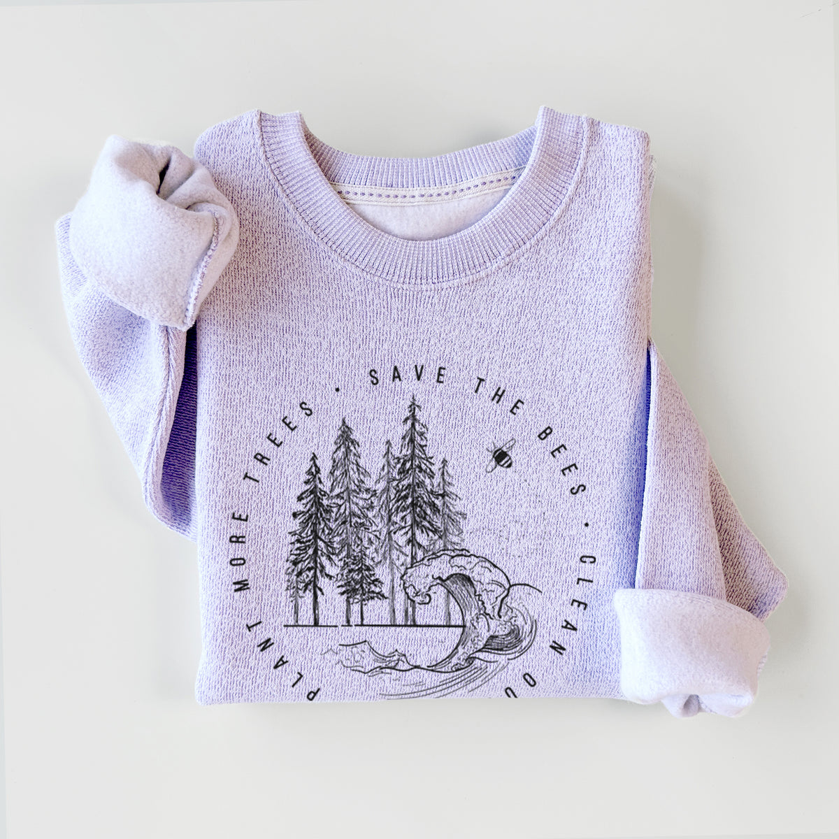 Ice purple knit sweatshirt printed with a circle of pine trees and an ocean wave ringed by the words Save the Bees, Clean Our Seas, Plant More Trees, styled flat.