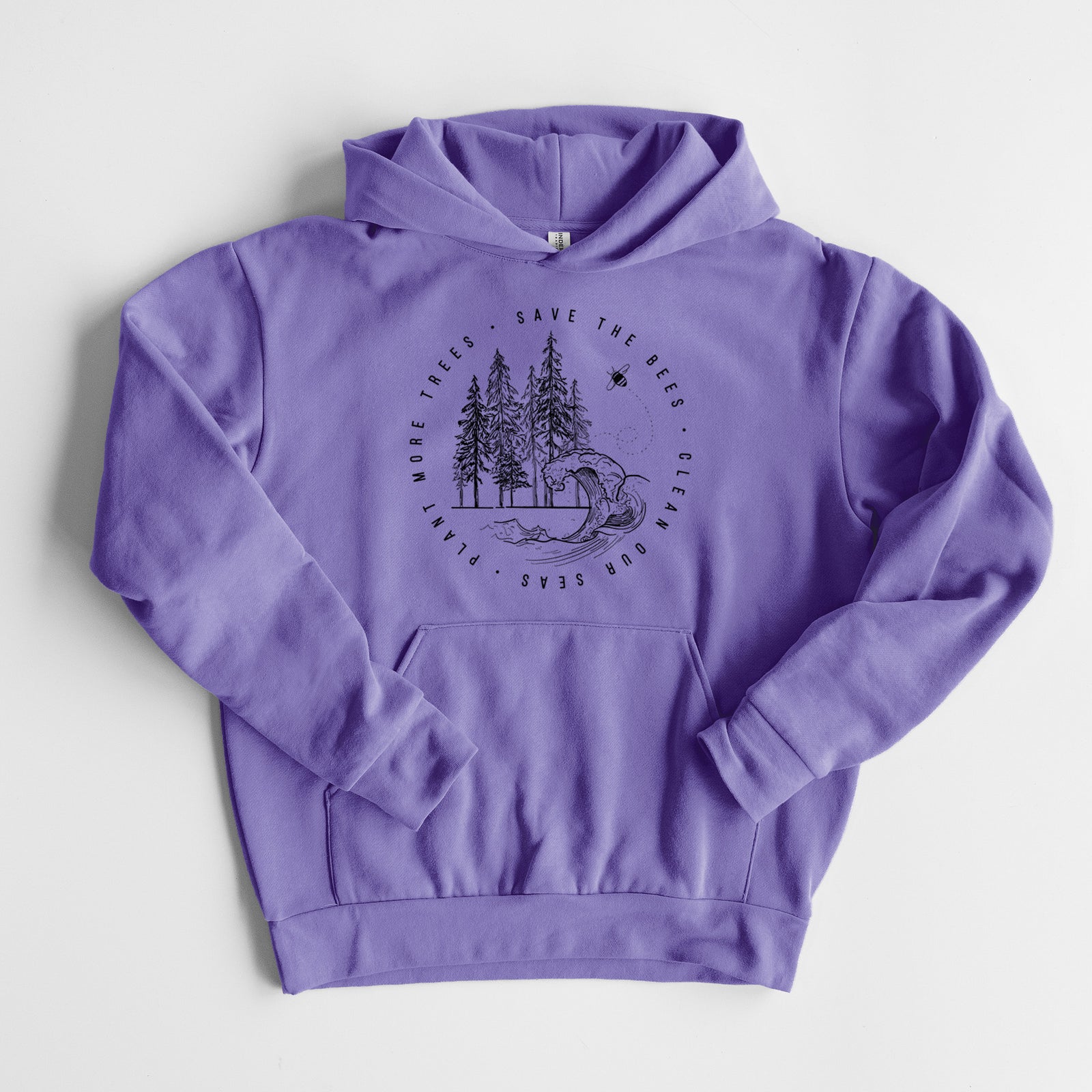 Save the Bees, Clean our Seas, Plant more Trees - Statement Midweight Hoodie in Violet, laid flat, showing the oversized boxy fit and front kangaroo pocket.