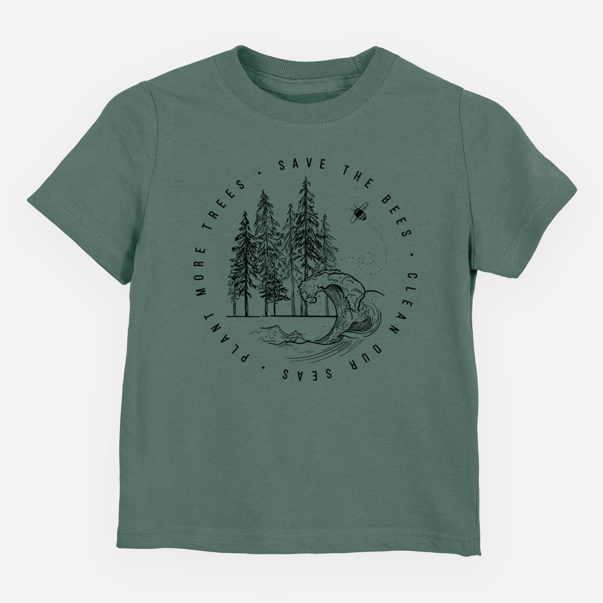 Basil green toddler t-shirt laid flat, printed with a circle of pine trees and an ocean wave ringed by the words Save the Bees, Clean Our Seas, Plant More Trees.