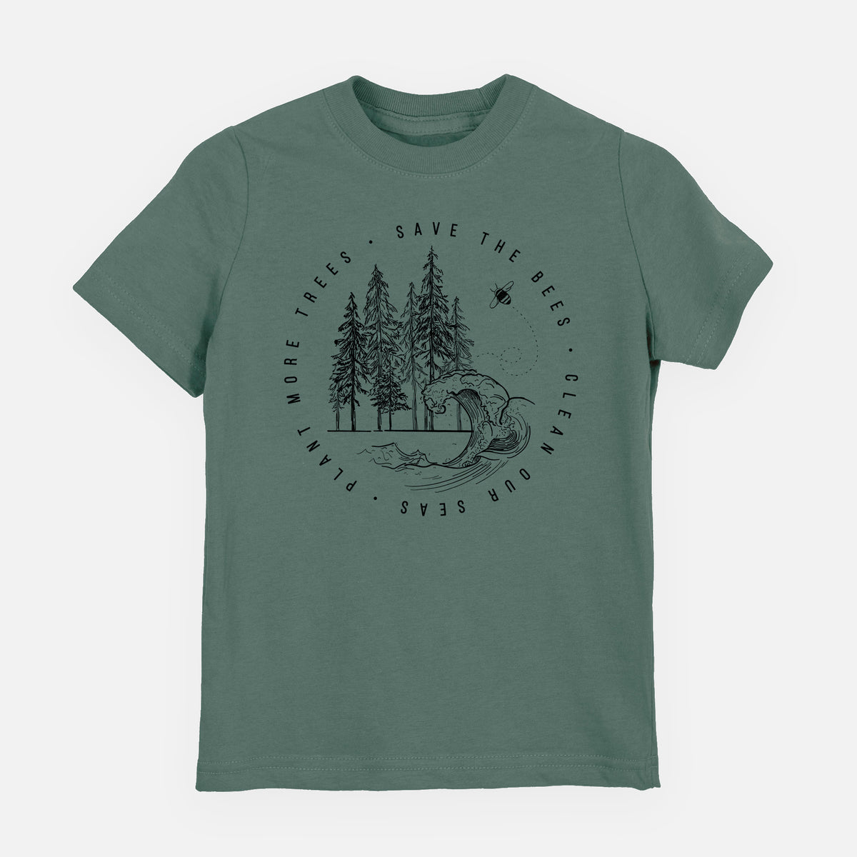 Basil green youth t-shirt laid flat, printed with a circle of pine trees and an ocean wave ringed by the words Save the Bees, Clean Our Seas, Plant More Trees.