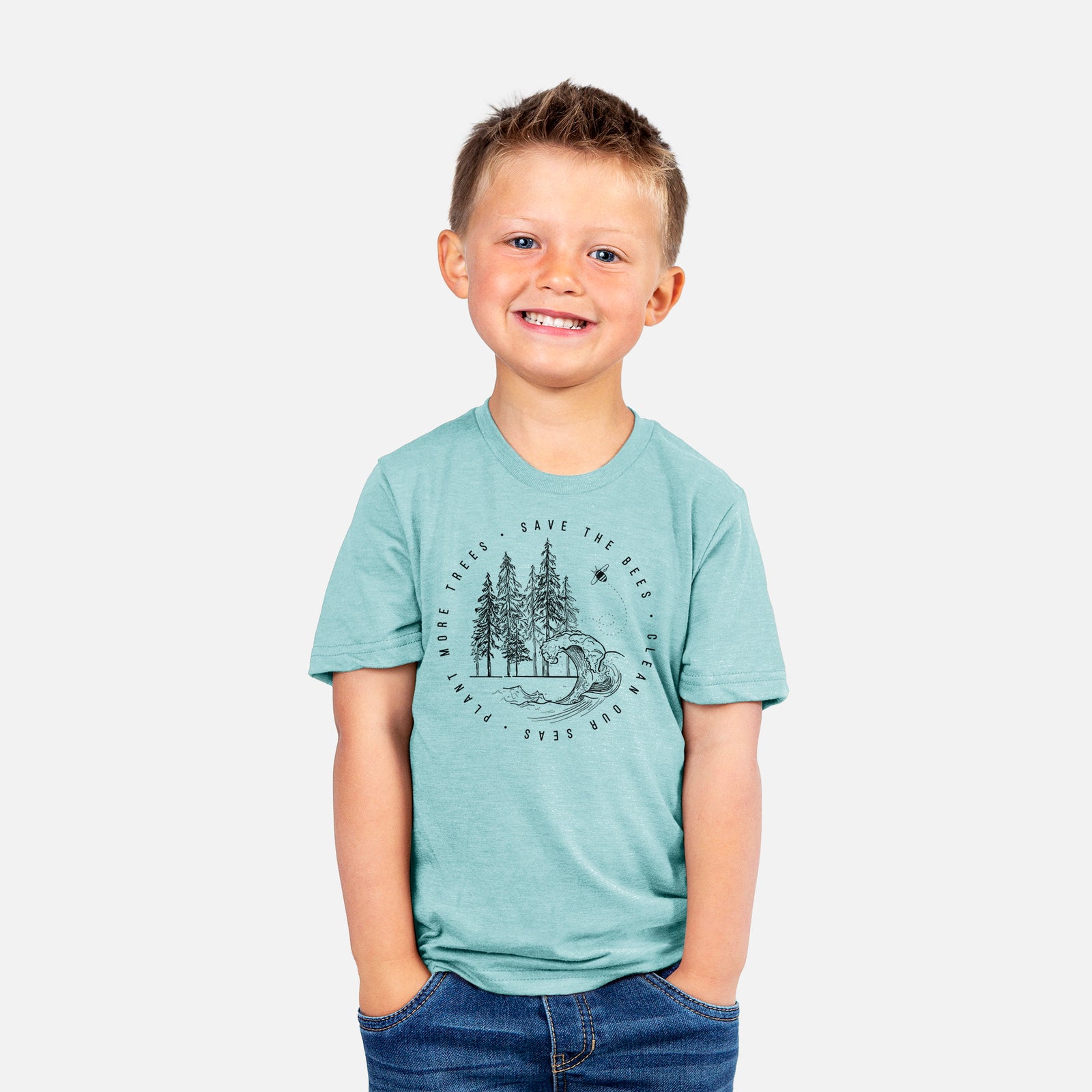 Two youth t-shirts in different colors on hangers, printed with a circle of pine trees and an ocean wave ringed by the words Save the Bees, Clean Our Seas, Plant More Trees.