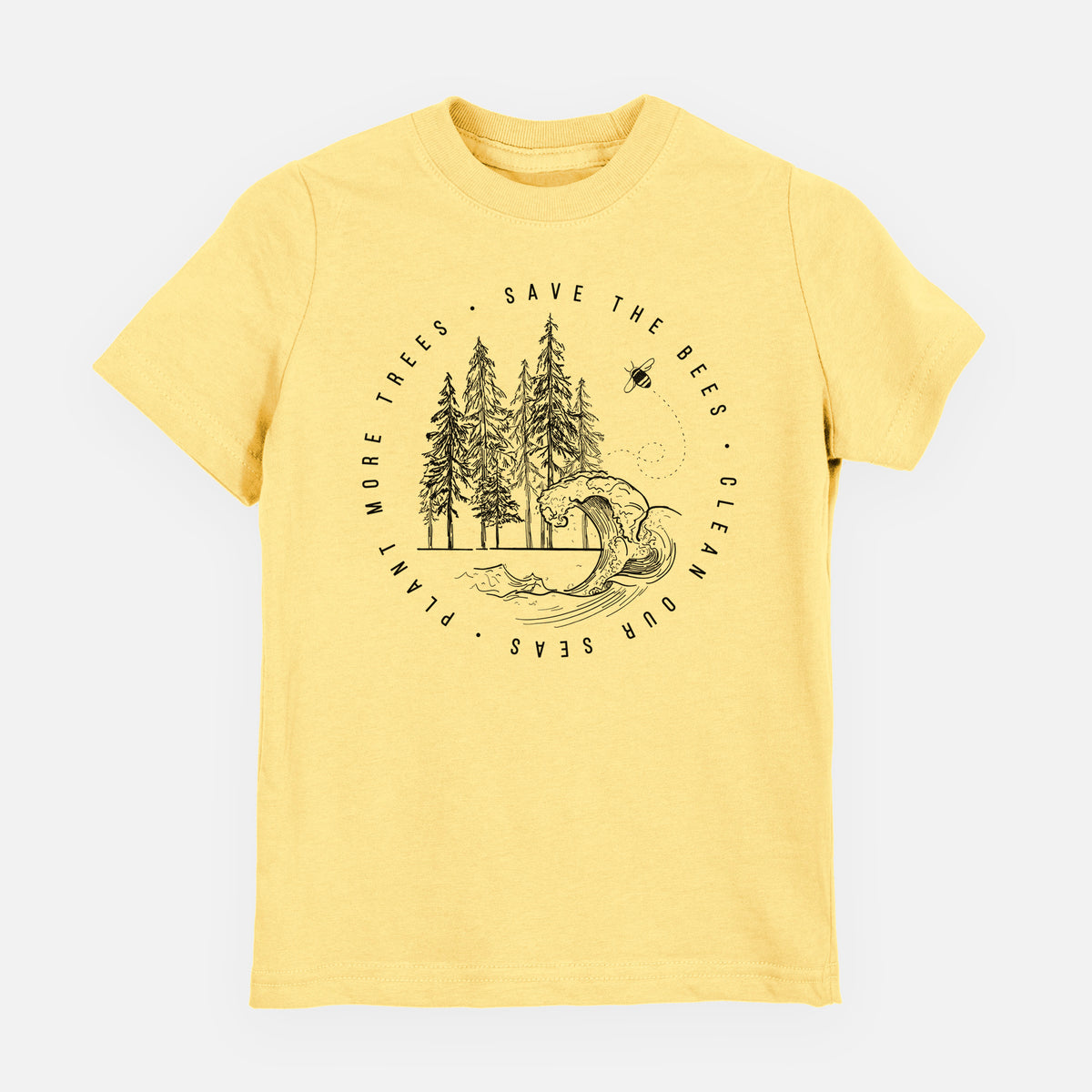 Butter yellow youth t-shirt laid flat, printed with a circle of pine trees and an ocean wave ringed by the words Save the Bees, Clean Our Seas, Plant More Trees.