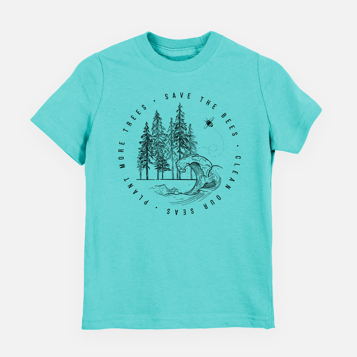 Caribbean blue youth t-shirt laid flat, printed with a circle of pine trees and an ocean wave ringed by the words Save the Bees, Clean Our Seas, Plant More Trees.