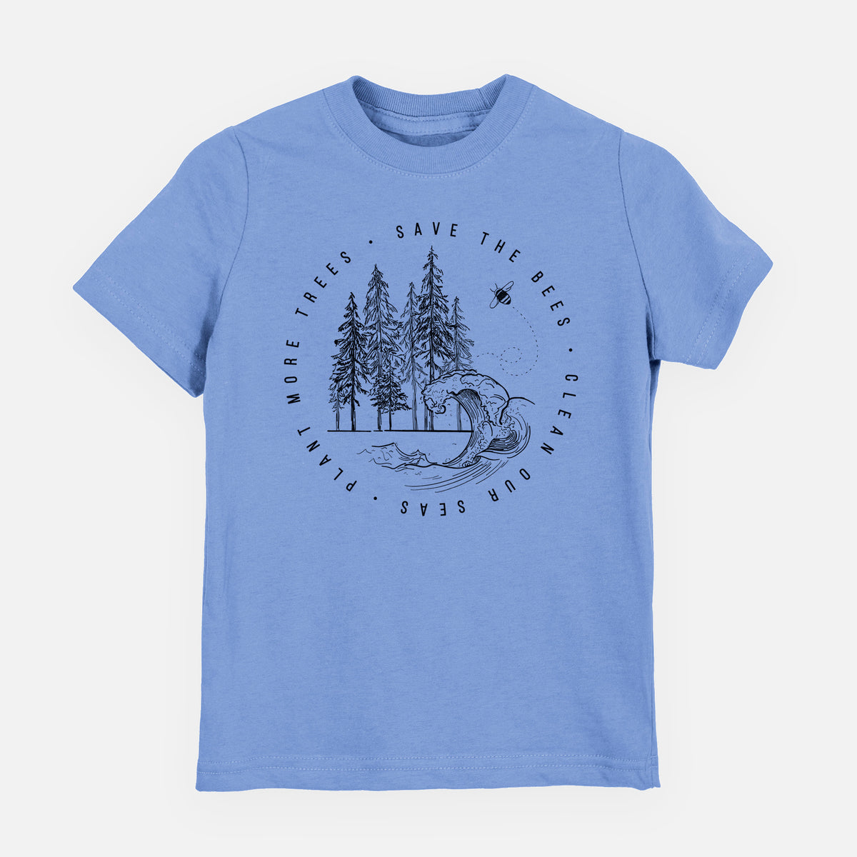 Carolina blue youth t-shirt laid flat, printed with a circle of pine trees and an ocean wave ringed by the words Save the Bees, Clean Our Seas, Plant More Trees.