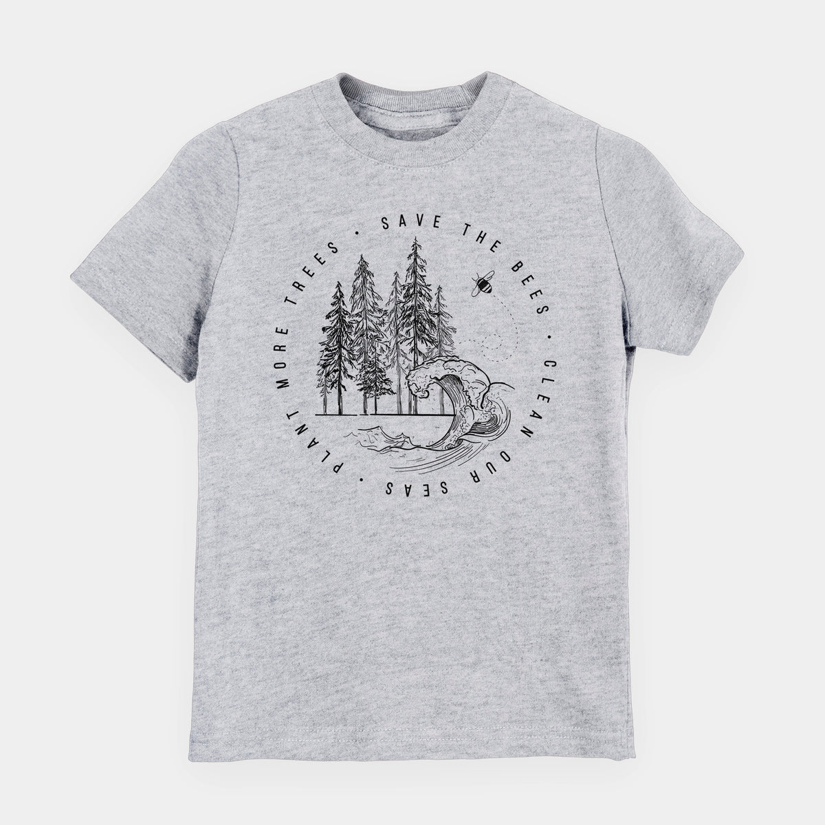 Heather grey youth t-shirt laid flat, printed with a circle of pine trees and an ocean wave ringed by the words Save the Bees, Clean Our Seas, Plant More Trees.