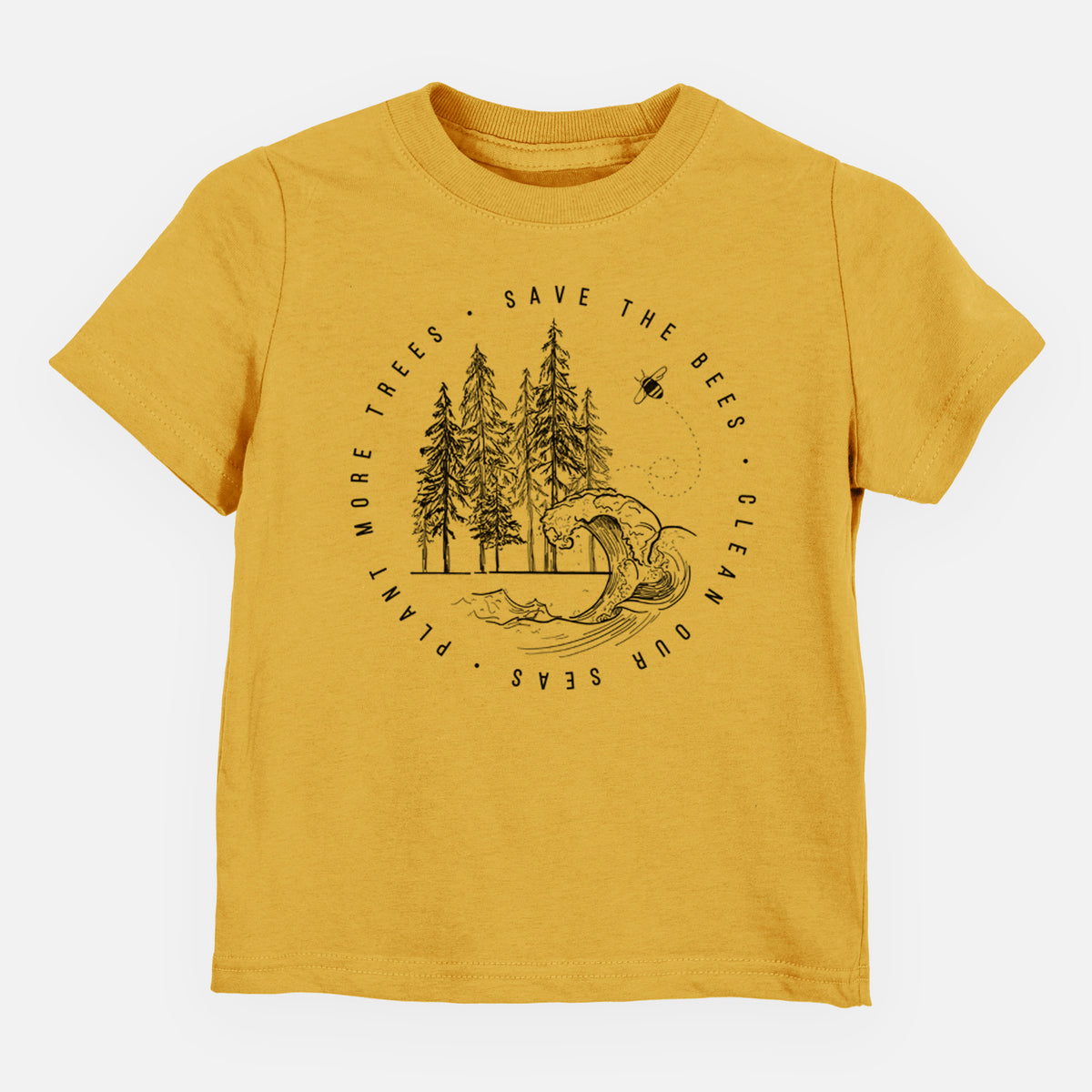 Honeycomb yellow toddler t-shirt laid flat, printed with a circle of pine trees and an ocean wave ringed by the words Save the Bees, Clean Our Seas, Plant More Trees.
