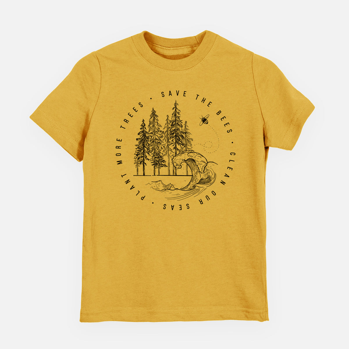 Honeycomb yellow youth t-shirt laid flat, printed with a circle of pine trees and an ocean wave ringed by the words Save the Bees, Clean Our Seas, Plant More Trees.
