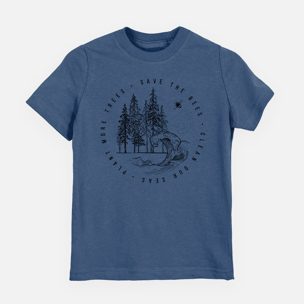 Indigo blue youth t-shirt laid flat, printed with a circle of pine trees and an ocean wave ringed by the words Save the Bees, Clean Our Seas, Plant More Trees.
