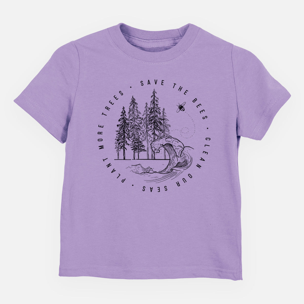 Lavender toddler t-shirt laid flat, printed with a circle of pine trees and an ocean wave ringed by the words Save the Bees, Clean Our Seas, Plant More Trees.