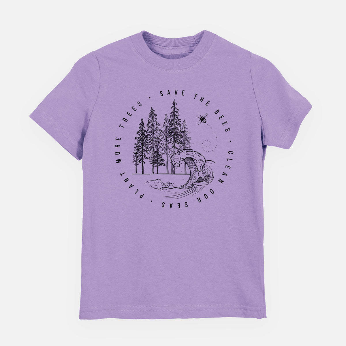 Lavender youth t-shirt laid flat, printed with a circle of pine trees and an ocean wave ringed by the words Save the Bees, Clean Our Seas, Plant More Trees.