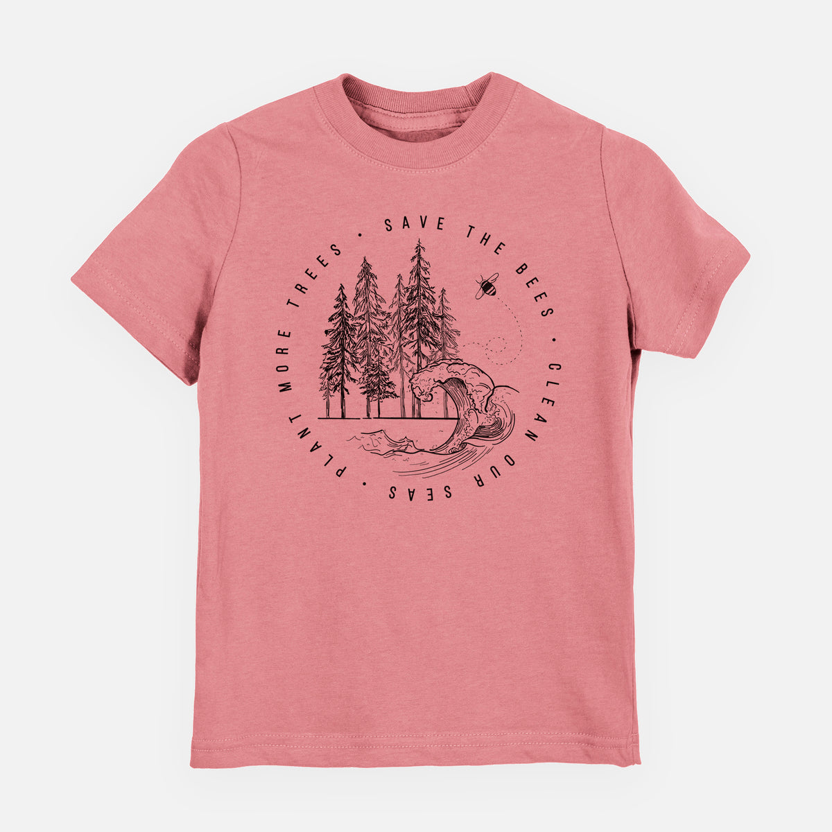 Mauve pink youth t-shirt laid flat, printed with a circle of pine trees and an ocean wave ringed by the words Save the Bees, Clean Our Seas, Plant More Trees.