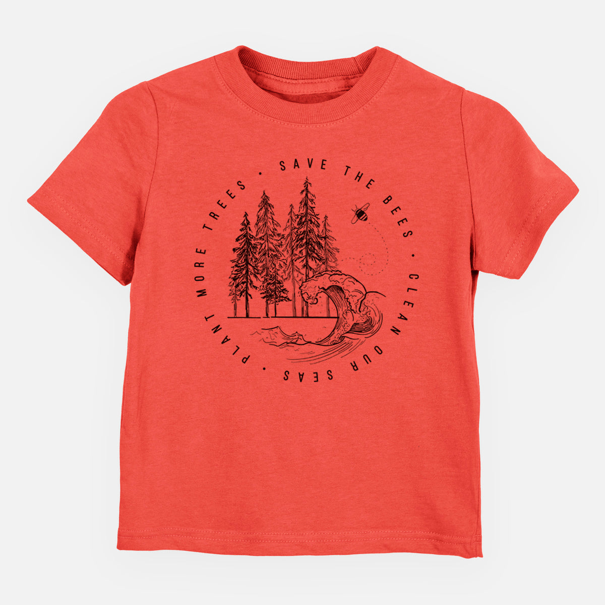 Passionfruit pink toddler t-shirt laid flat, printed with a circle of pine trees and an ocean wave ringed by the words Save the Bees, Clean Our Seas, Plant More Trees.
