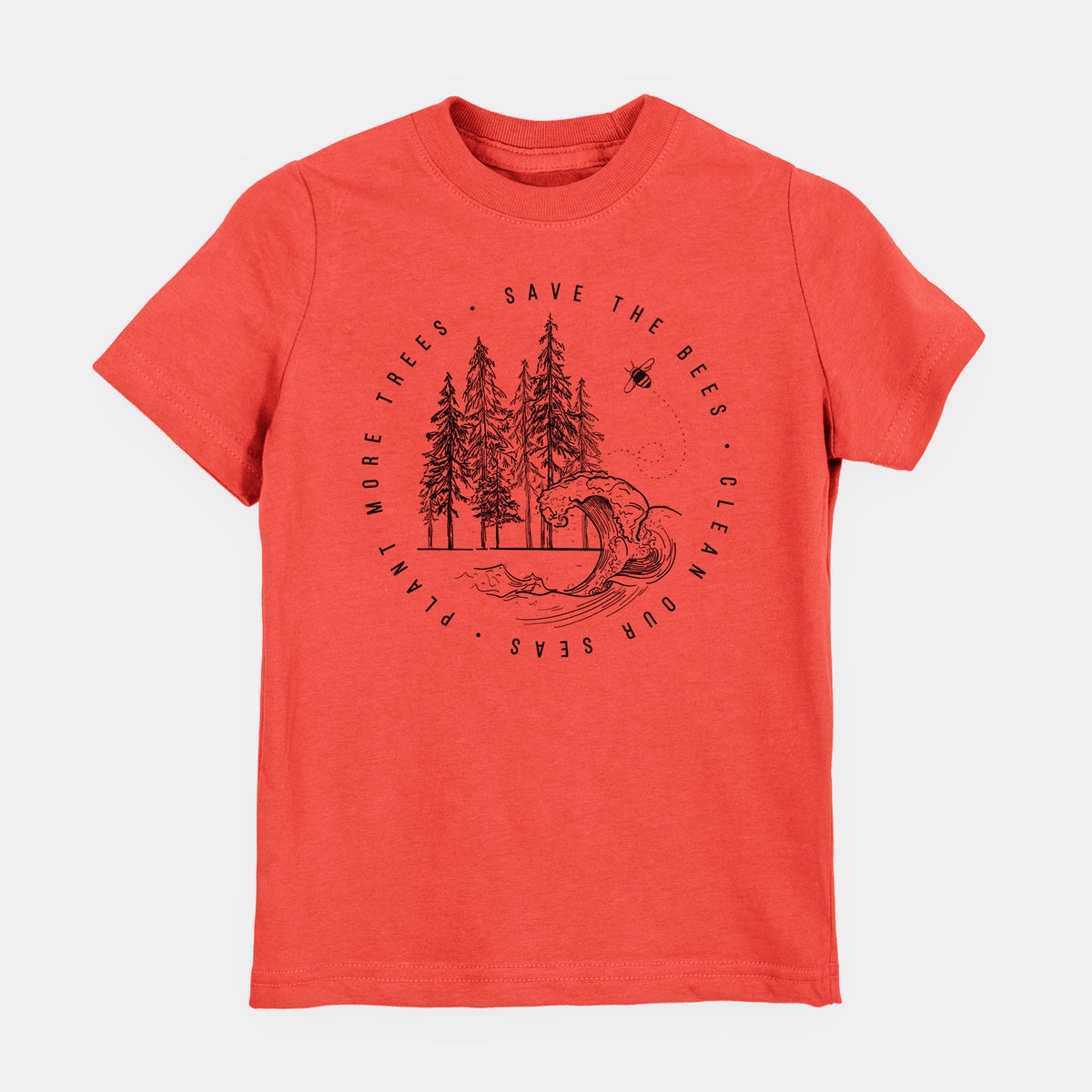 Passionfruit pink youth t-shirt laid flat, printed with a circle of pine trees and an ocean wave ringed by the words Save the Bees, Clean Our Seas, Plant More Trees.