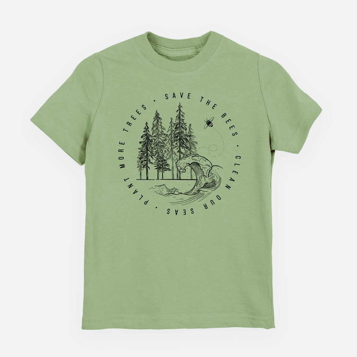 Sage green youth t-shirt laid flat, printed with a circle of pine trees and an ocean wave ringed by the words Save the Bees, Clean Our Seas, Plant More Trees.