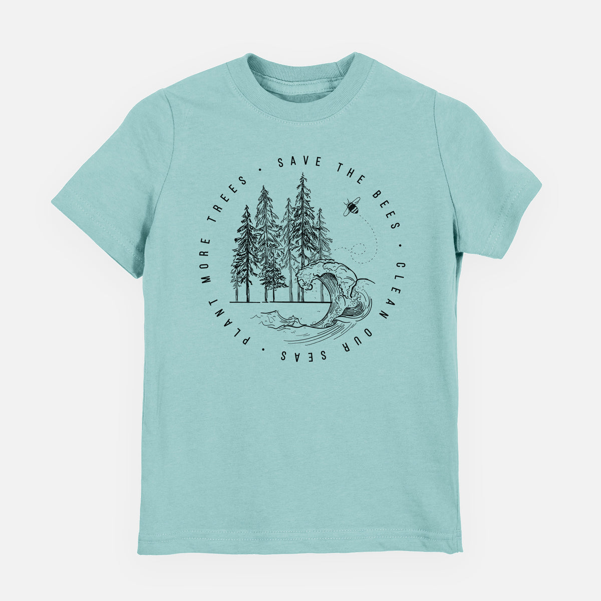 Saltwater youth t-shirt laid flat, printed with a circle of pine trees and an ocean wave ringed by the words Save the Bees, Clean Our Seas, Plant More Trees.
