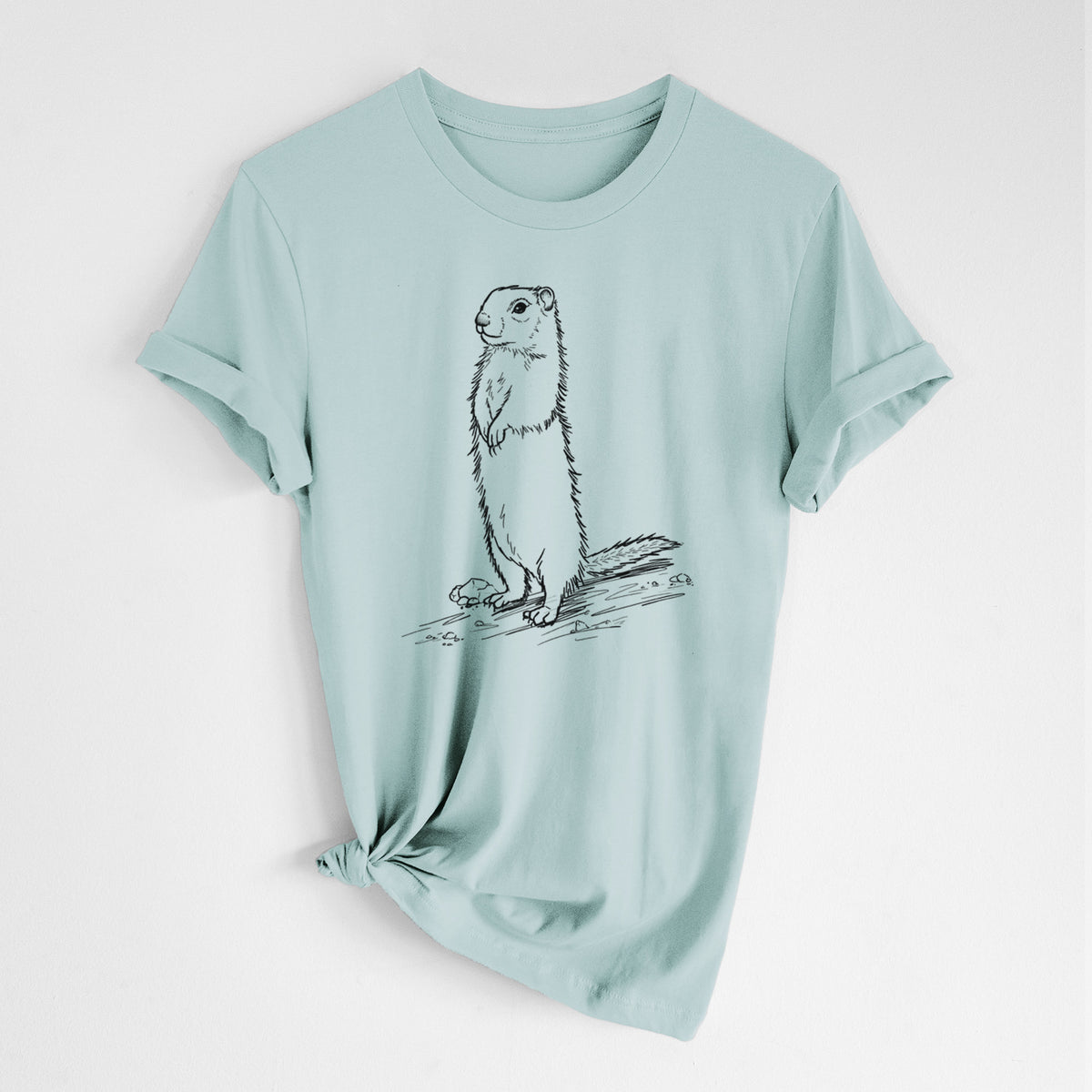 Dusty blue lightweight cotton t-shirt laid flat with the sleeves rolled, printed with a detailed black ink illustration of a Belding's ground squirrel standing upright.