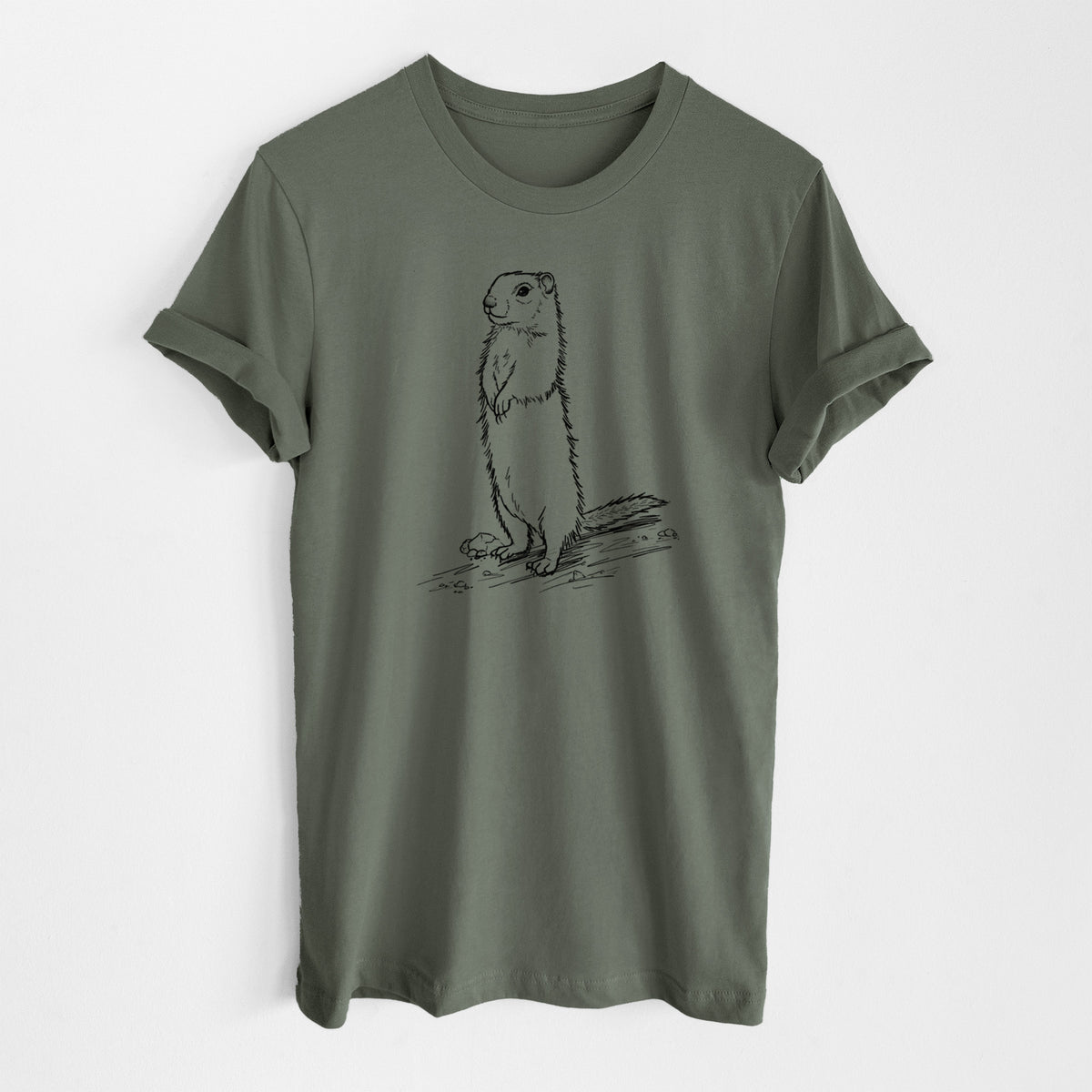 Military green lightweight cotton t-shirt laid flat, printed with a detailed black ink illustration of a Belding's ground squirrel standing upright.